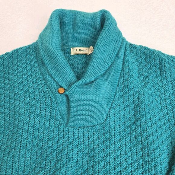 Vintage LL Bean Wool Sweater Mens Size M Teal Shawl Collar Fishermen's USA - Picture 4 of 9